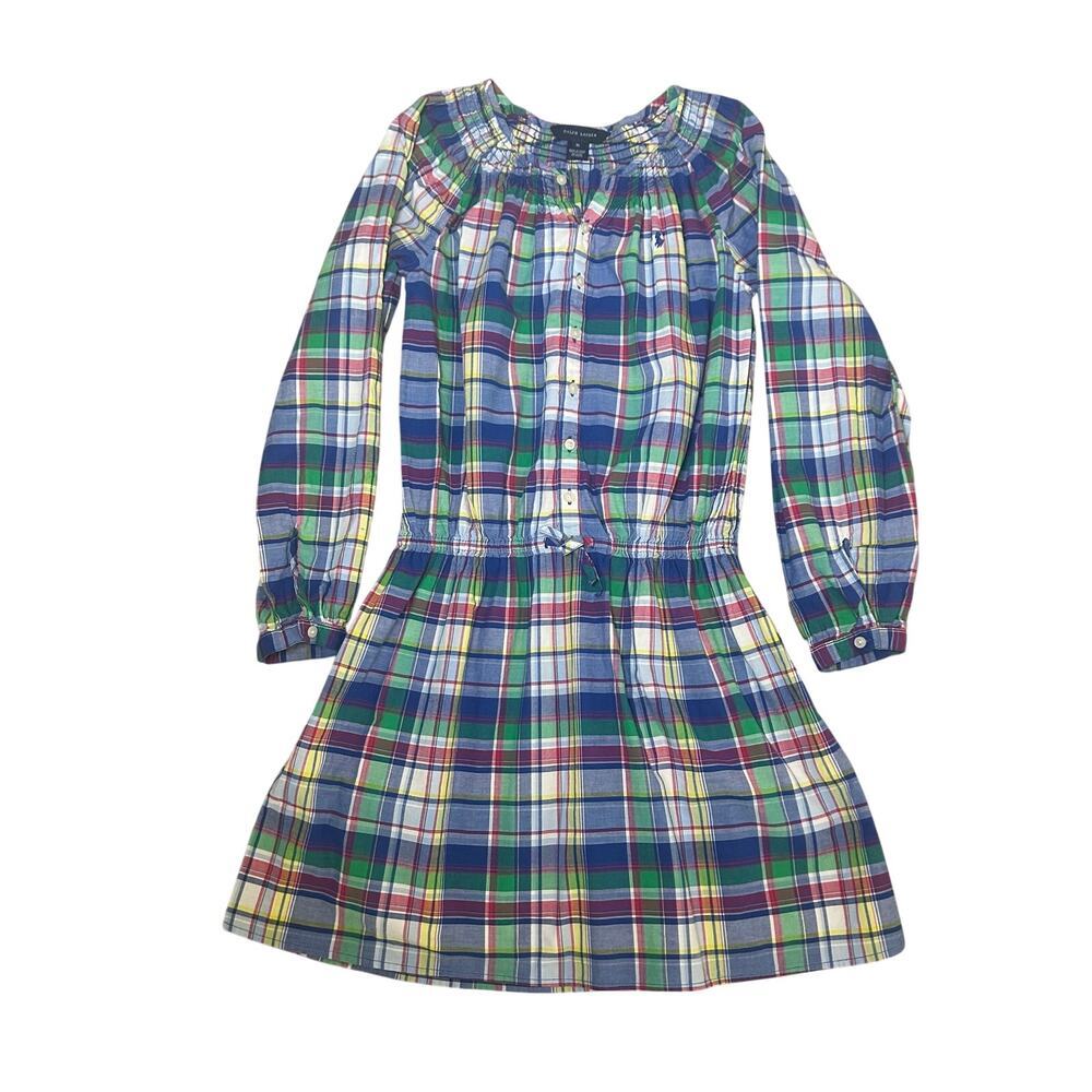 Ralph Lauren girls‎ adjustable sleeve cotton blue plaid preppy smocked dress 16